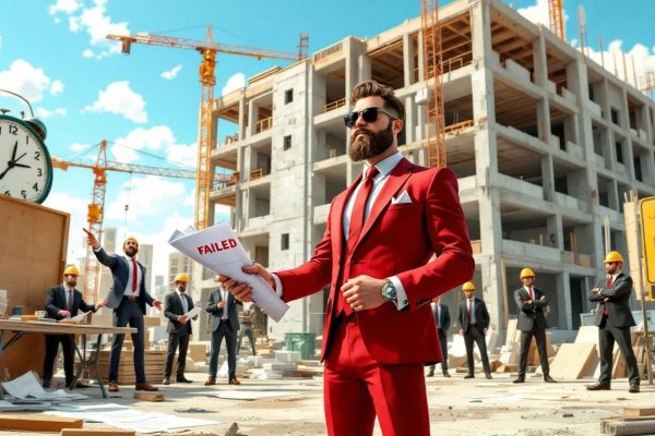 Construction project delayed with workers discussing contract issues on site.