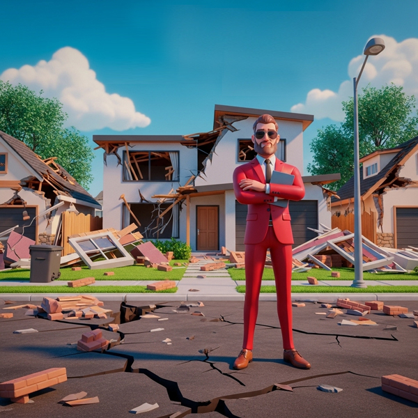 Cracked ground and damaged home foundation after seismic activity, representing earthquake protection coverage.