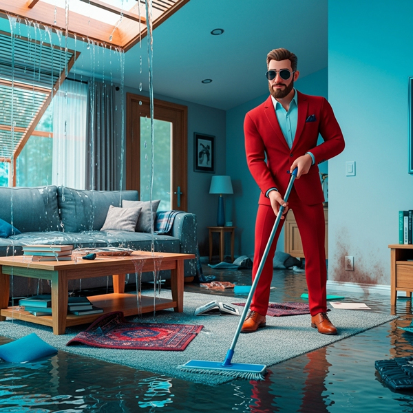 Flooded yard with water entering a home, representing overland water damage coverage.
