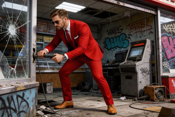 Storefront and business equipment damaged by vandalism at a commercial property.