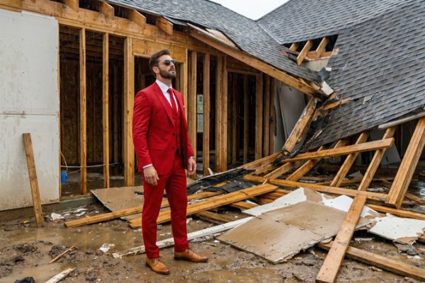 Unfinished building damaged by severe weather conditions at a construction site.