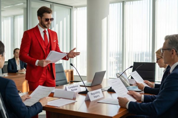 Business regulatory compliance investigation with legal documents and official review process.