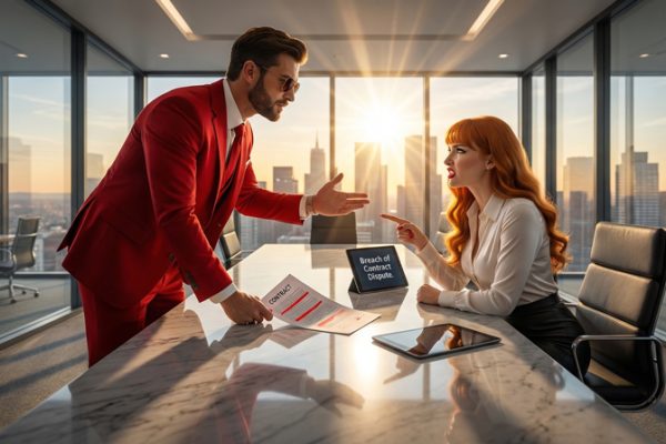 Business contract dispute with client or supplier involving legal documents and resolution process.