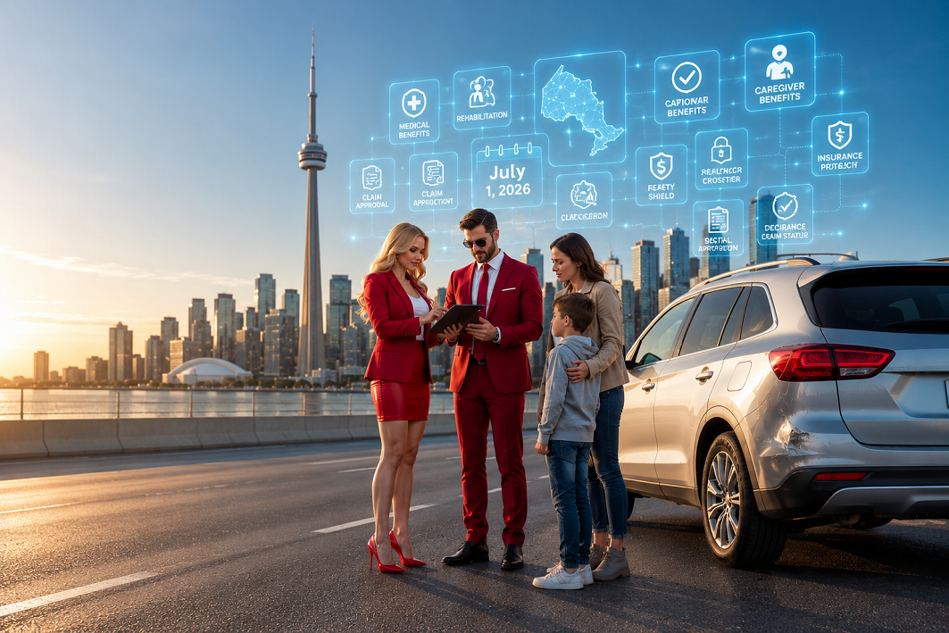 Insurance advisor explaining Ontario's updated no-fault car insurance benefits to a family beside a damaged SUV in Toronto.