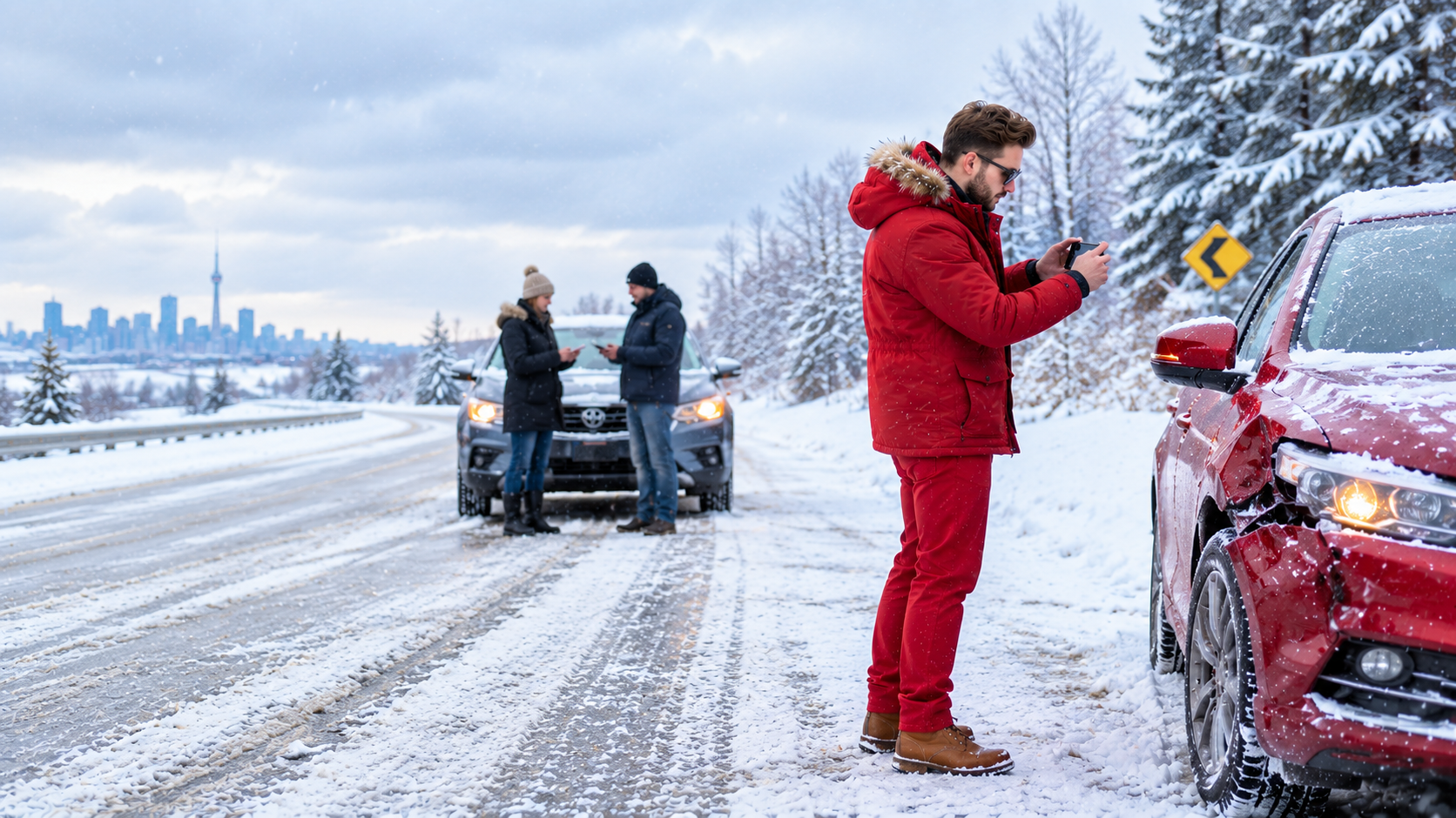 Driver documenting a winter car accident on a snowy Ontario road